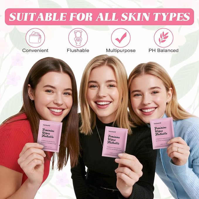 twoworld 50 Feminine Wipes Individually Wrapped,Flushable Wipes Travel | Feminine Care Vaginal Wipes for Adult,Women,Girl and Homeless(Unscented)