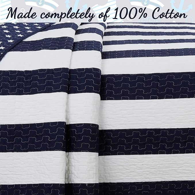 Cozy Line Home Fashions Sailor Popeye 's Bedding Quilt Set, Nautical Navy Blue White Star Striped 100% Cotton Reversible Coverlet Bedspread for Kids Boy (Sailor Star, Twin - 2 Piece)