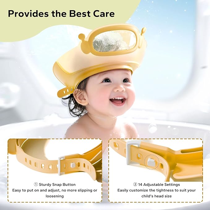 FUNUPUP Baby Shower Cap Toddler Hair Washing Shield Adjustable Bath Visor for Kids Shampoo Hat with Eyes Ears Cover 1-15 Years Boys Girls Essentials for Bath Time, Yellow