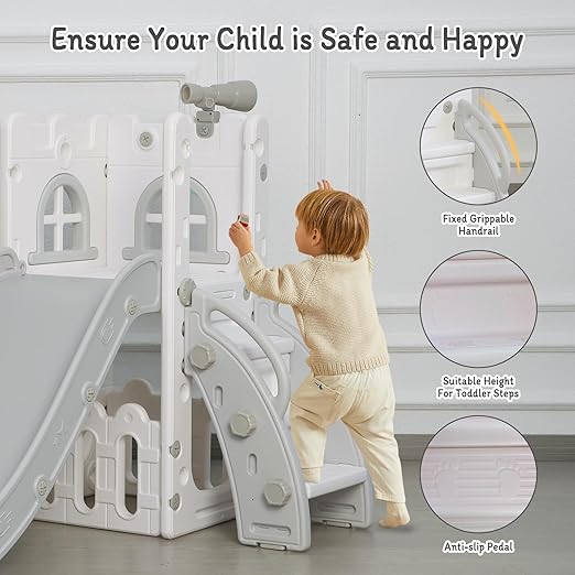 6 in 1 Toddler Slide,Kids Climber Slider for Indoor Outdoor Playground with Basketball Hoop,Storage and Telescope,L Shaped Slide for Toddler Climber Playset