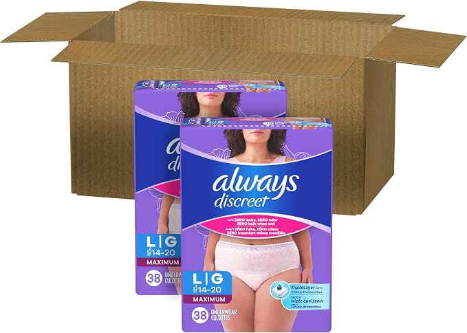 Always Discreet Adult Diapers for Women, Incontinence Underwear, Postpartum Essentials, Disposable Briefs, Max Absorbency, Bladder Leak Protection, Large, 76ct