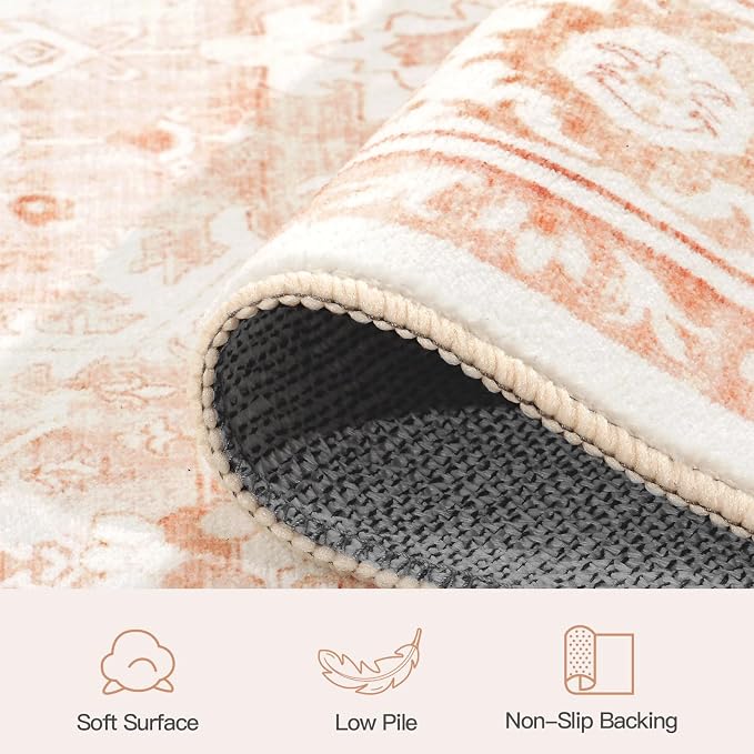 9x12 Area Rugs for Living Room, Pink Washable Non-Slip Large Carpet | Soft Area Rug for Dining Room Home Office Indoor Nursery, Stain Resistant, Low Pile, Foldable Vintage-Style Distressed Rug