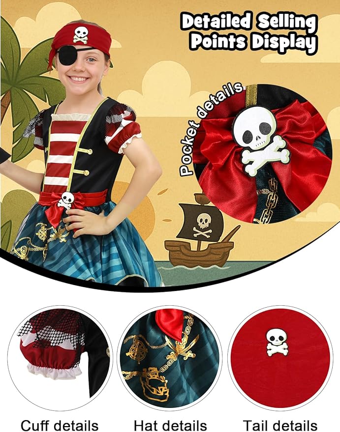 Halloween Pirate Costume Kids Girls - Pirates Outfit Set with Accessories for Pretend Play Dress Up Themed Party