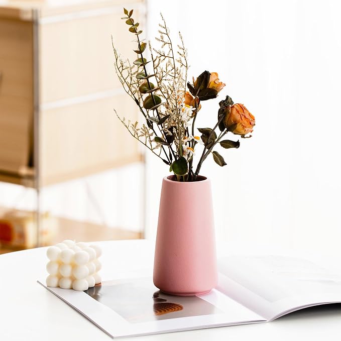 Simple Boho Ceramic Flower Vase for Home Decor (Solid Pink,Small) | 6'' Modern Cute Vase for Flower Plant Pampas Grass, Fit for Table Shelf Centerpieces, Living Room Bedroom Wedding Gift