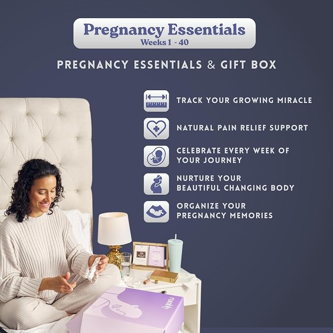 Pregnancy Essentials Box - 5-Piece Pregnancy Care Package for Expecting Mom - Belly Growth Tape, Countdown Calendar, Belly Oil, Kinesiology Tape, Organizer - Any Trimester Gift Basket