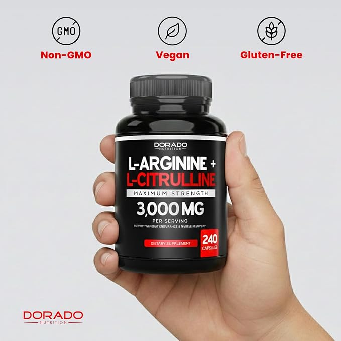 L Arginine L Citrulline Supplement 3000mg (240 Capsules) Nitric Oxide Pills for Men - Stamina, Endurance, Performance for Workouts - NO Supplements for Men - Gluten Free, Non-GMO, Vegan Capsules