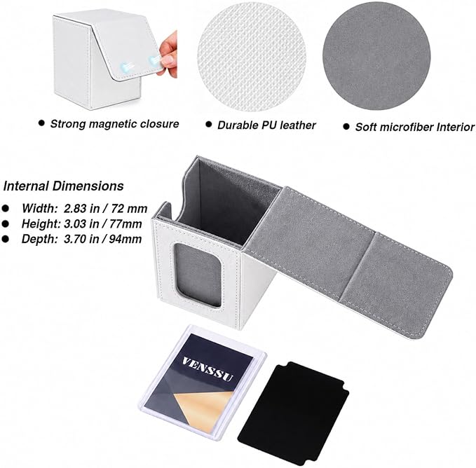 Venssu MTG Deck Box for Commander Display,Card Deck Box Fits 100 Double Sleeved Cards,TCG with 2 Dividers and 1 Toploader (White＆Grey)