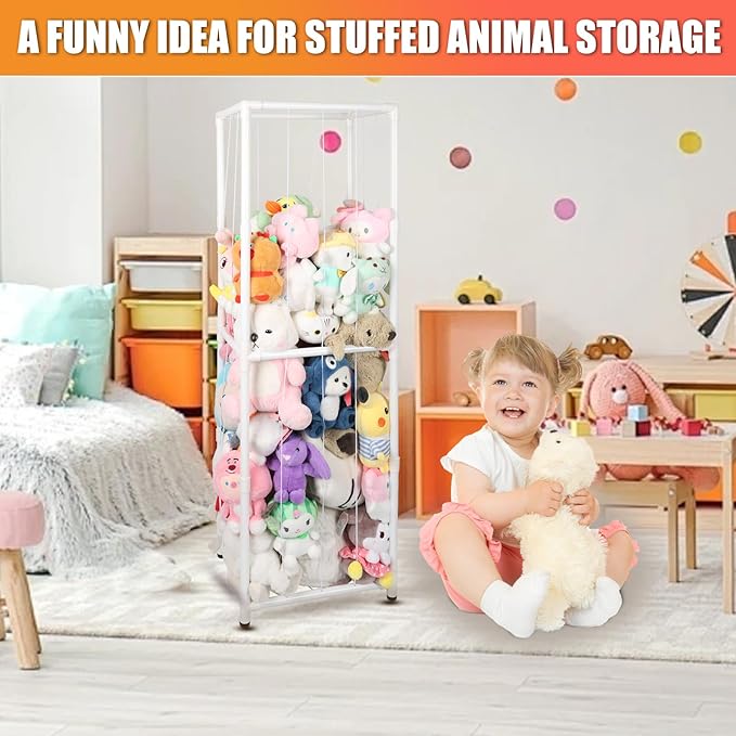 Stuffed Animal Storage Zoo Stuffed Animal Holder,Off-Ground and Space Save Vertical Stuffed Animals Organizer PVC with Elastic for Bedroom Playroom Nursery (White, Large)