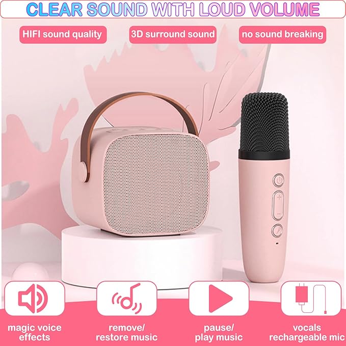 Mini Karaoke Machine for Kids Age 4-12, Bluetooth Speaker with 2 Wireless Microphone & LED Lights, Christmas Birthday Gifts for Girls Boys Kids Adults