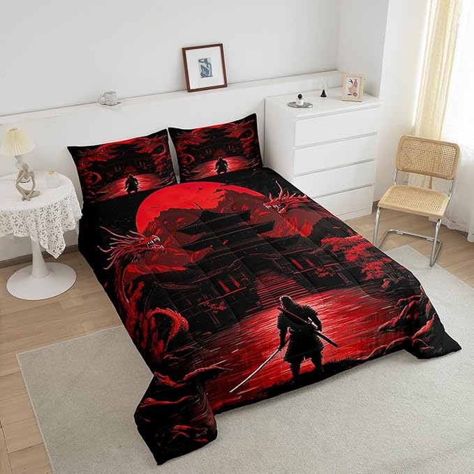 Feelyou Dragon Comforter Set Full Size Japanese Style Comforter for Boys Girls Teens Samurai Bedding Set Sunset Duvet Set Room Decor Scarlet Red Quilt Set