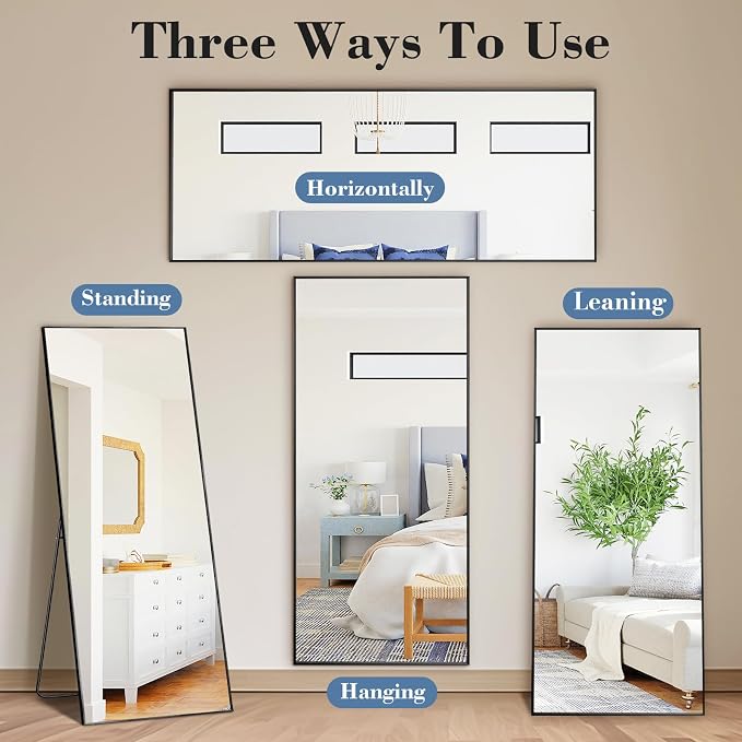 DUMOS 64"x21" Full Length Mirror with Stand, Floor Standing Aluminum Frame, ShatterProof Nano Glass for Bedroom, Living Room, Cloakroom Modern Simple Home Decor, Can Be Hanging, Leaning or Wall, Black
