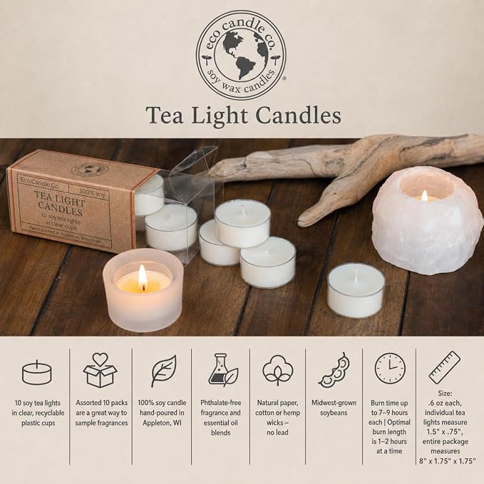 Eco Candle Co. Black Tea & Honey Tea Light Candles, 10-Pk, 9 Hr Burn Time | Scents Of Spicy Tea, Nutmeg, Honey, & Orange - Recyclable Plastic Cups, No Lead, Hand Poured, Midwest Soybeans, .6 oz. Each