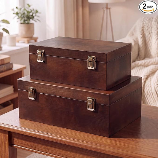 Sliner 2 Pcs Wooden Decorative Storage Boxes with Lids Vintage Wood Organizer Bins for Your Bookshelf Home Decor Safely Store Photos Documents Memory Jewelry Craft Storage (Dark Brown,S M Size)