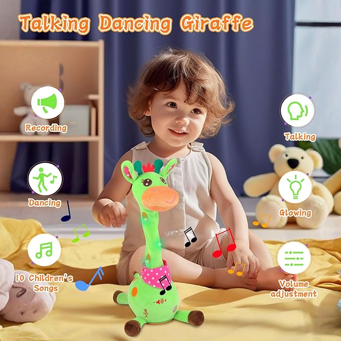 LUKETURE Dancing Talking Singing Green Giraffe Toy Stuffed Plush, Interactive Stuffed Animal Toy, Musical Giraffe Plush with Record & Repeat, Sings 10 Songs, LED Lights