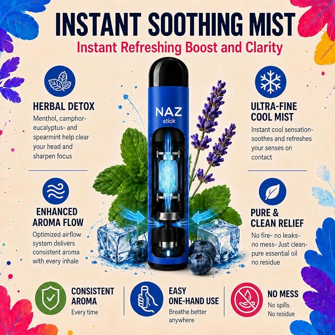 Naz Menthol Herbal Nasal Stick - Spearmint, Camphor, Eucalyptus Extracts w/Mist Electric Nasal Inhaler for Aromatherapy, ICY Refreshing & Instant Focus Herbal Diffuser Pen - 3Pak