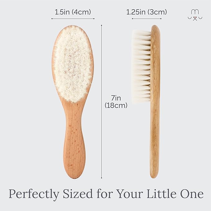 Natemia Wooden Baby Hair Brush & Comb Set - Natural Goat Hair Bristles & Soft Bristle Brush - Gentle Scalp Massage & Cradle Cap Comb - For Newborns & Toddlers, Baby Grooming Kit