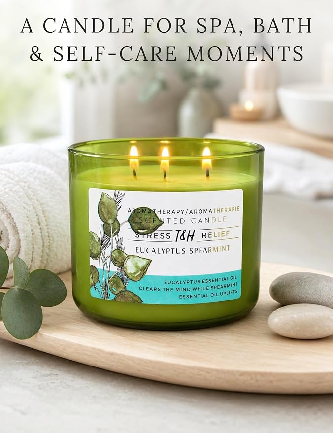 Eucalyptus Spearmint Scented Candle | 15.8 oz Large 3 Wick Soy Candle | Soothing Aromatherapy Candle for Home | Fresh Mint Spa Scent | Long Lasting Clean Burn | Relaxation & Yoga Gift for Women & Men