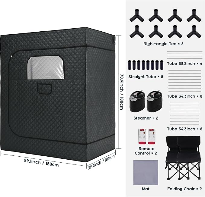 Albott 2 Person Steam Sauna for Home, Portable Sauna Tent with 3L 1500W Steamer, Extra Large Size 4.9’ x 3.3’ x 5.9’ Full Body Home Spa, Remote Control, Folding Chair, Grey
