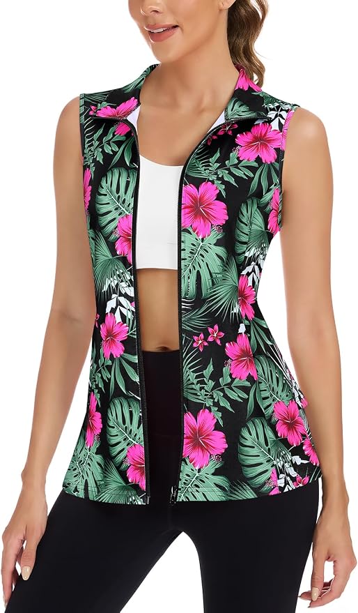 Women's Golf Vest with Pleated Tennis Skirt Hem Lightweight Full Zip Sleeveless Athletic Shirts with Pockets