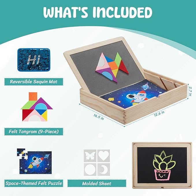 Wooden Sensory Sequin Box |Calm Down Corner Kit with Sensory Sequin Flip Mats,Space-Themed Felt Puzzle & Felt Tangram | Calming Corner Items for Kids -Sensory Room Must Haves