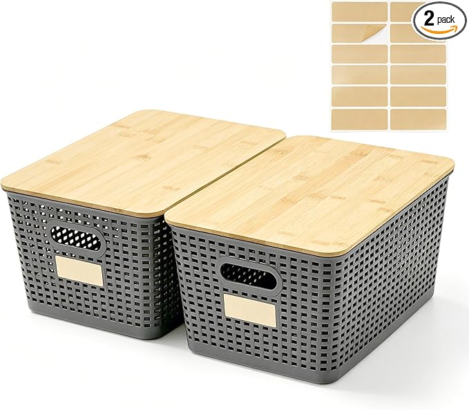 2 Pack Tall Plastic Storage Bins with Bamboo Lids, 10.8qt Stackable Storages Baskets for Organizing Desktop Closet Playroom Classroom Office, 12"L x 8.3"W x 6.1"H, Gray