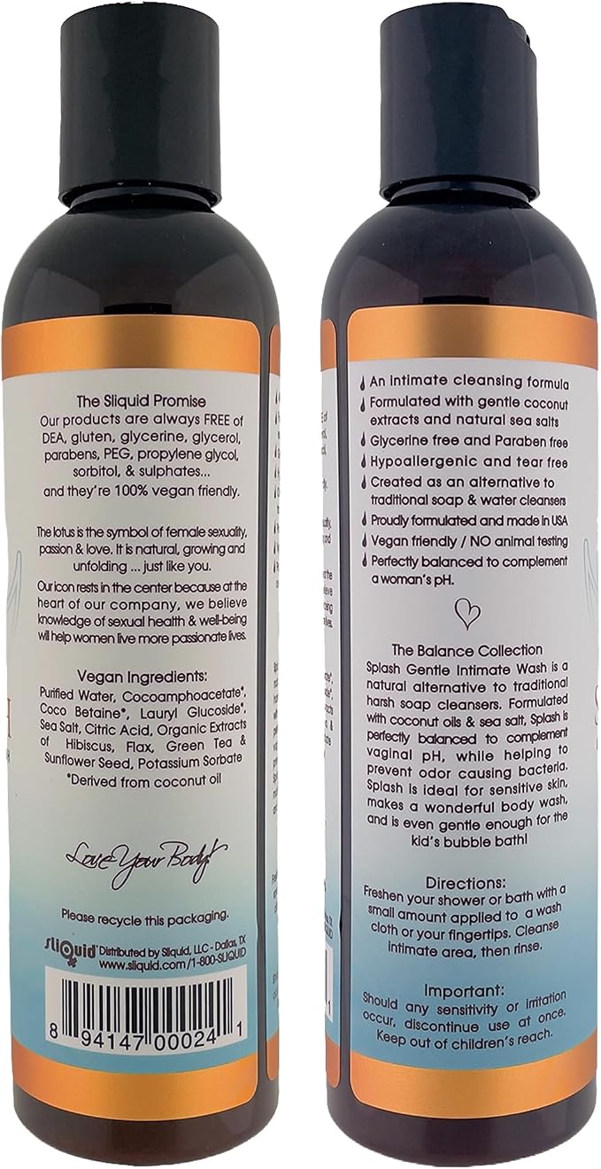 Sliquid Splash Feminine Wash for Women, Unscented 2-Pack, 8.5 Oz Ea | Gentle Intimate Wash for Sensitive Areas with Coconut Oil & Sea Salt, Paraben- and Glycerin-Free, 100% Vegan-Friendly