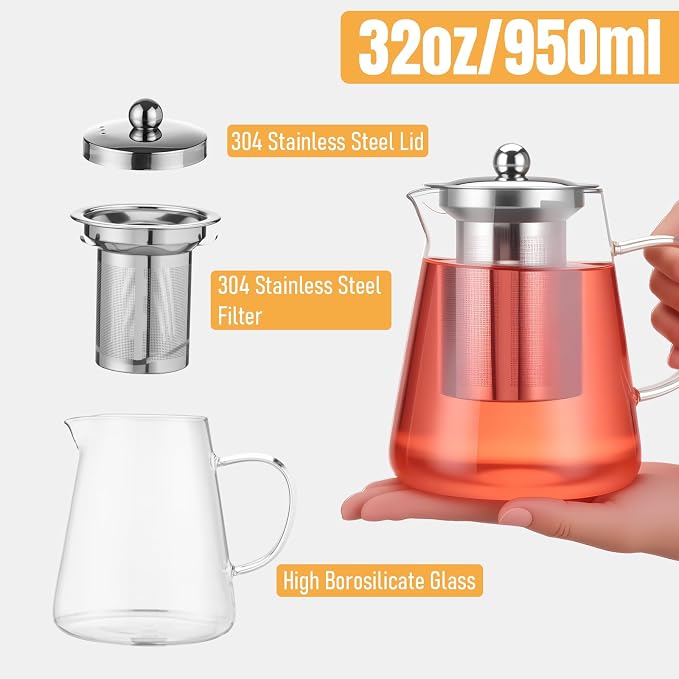 Baalaka Glass Teapot 33oz/950ml, Tea Pot with Removable Infusers for Loose Tea, Borosilicate Glass Tea Kettle Tea Maker Stovetop for Camping, Tea Infuser for Loose Leaf Tea Travel