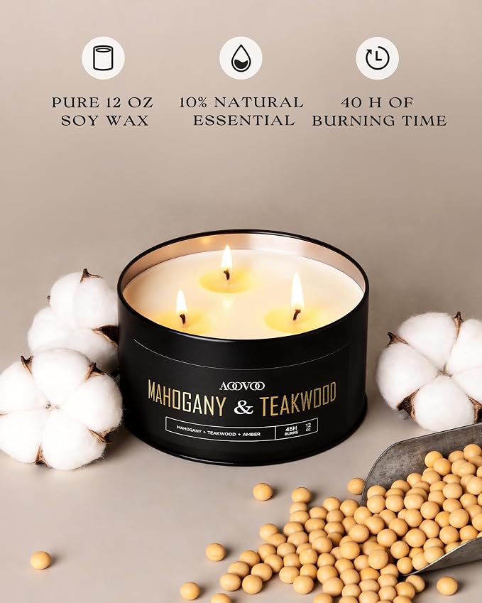 AOOVOO 2 Pack Mahogany Teakwood Candles for Men - 3 Wick 24oz Large Scented Candle, Long Lasting Soy Candles for Home Scented, Strong Fragranced Masculine Black Candle Gift for Women & Men