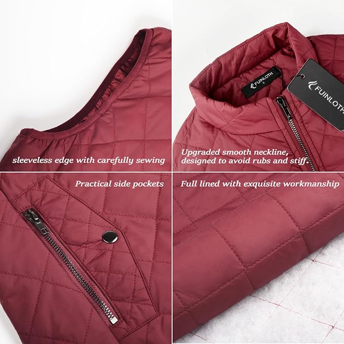 Fuinloth Women's Quilted Vest Lightweight Puffer Stand Collar Zip Gilet | 4 pockets with 2 inner storage. Quilted padded warm gilet. Fall winter outerwear layering vest for travel hiking daily wear.