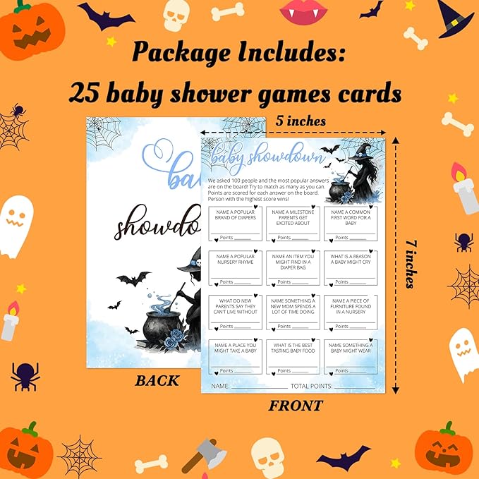 Hilarious Baby Shower Games, 25 Sets Halloween Baby Showdown + Answer Card, Blue Witch Gender Reveal Game Cards for Party Announcement Supplies - B10