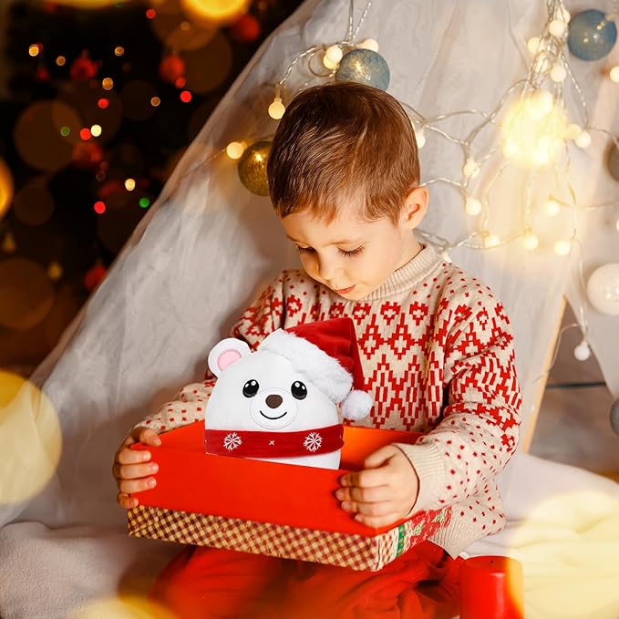 Christmas Stuffed Animal, Polar Bear with Christmas Hat Plush, Cute Plushies for Kids Holiday Decorations and Gifts (Polar Bear)