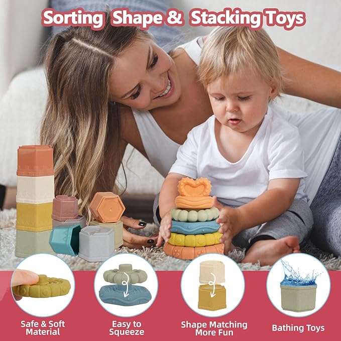 Shape Sorter for Toddler 1-3, 5 in 1 Montessori Baby Toys for Infants 6-48 Months, Sorting & Stacking Toy for Fine Motor Skills, Sensory Learning Set with Rings Link, Birthday Gift