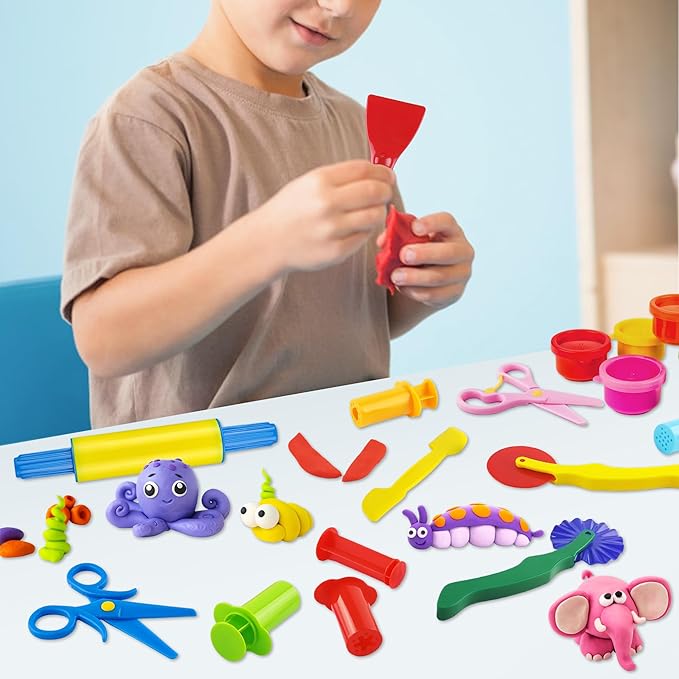 Clay and Dough Tools 12 Pcs Basic Dough Tools Set for Kids with Extruders, Rolling Pin, Cutters,Plastic Hand Scraper, Scissors