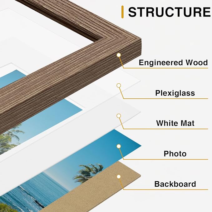 Vittanly 5x7 Picture Frames Set of 9 for Wall Mount or Tabletop, Dark Oak | Display Pictures 4x6 with Mat or 5x7 without Mat, Small Photo Frames, Engineered Wood with Shatter Resistant Plexiglass