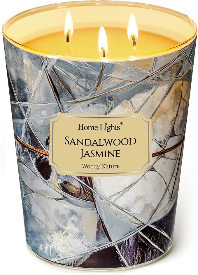 HomeLights Soy Wax Candles for Home Scented, 3-Wick Candles in Sandalwood Jasmine Scented, Industrial Chic Aromatherapy Candles Gift for Parties, Relaxing, 34oz