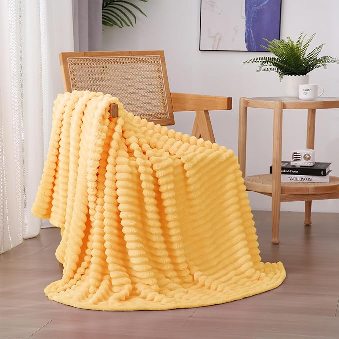 Light Yellow Fleece Throw Blanket 60”×80” for Couch Sofa Livingroom | Linecooo Super Soft Cozy Plush Microfiber Flannel Bed Blanket Striped Design Lightweight Home Decor Gifts for Adult Mom Women