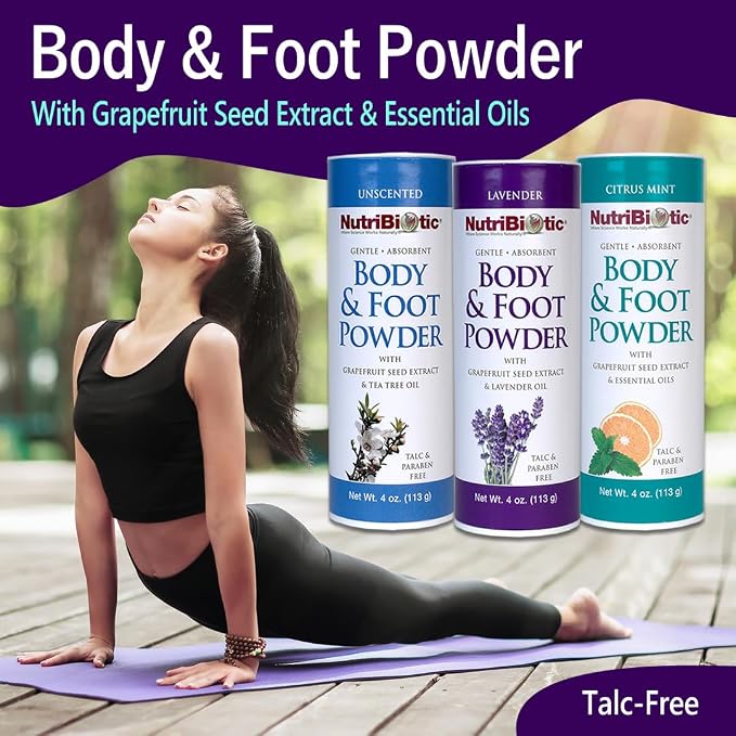 NutriBiotic – Body & Foot Powder with Lavender Essential Oil, 4 Oz | with Grapefruit Seed Extract | Vegan & Non-GMO | Talc, Paraben & Gluten Free | Gentle & Absorbent