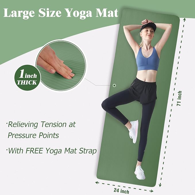 Fitvids 1 Inch Thick Yoga Mat 71x24 Inch - Non Slip Workout Mat with Carry Strap, Multiple Colors - Versatile Exercise Mat for Home, Gym, Pilates, Meditation - For All Skill Levels