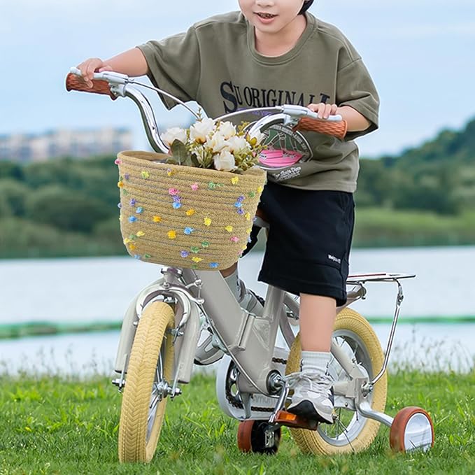 Kids Bike Basket for Boys and Girls, Children's Bicycle Basket Woven With Sisal Rope, Cute Decorative Accessories for Balance Bikes and Scooters