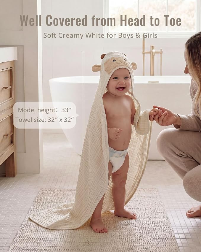 Blissful Diary Muslin Baby Hooded Towel 2 Pack, Soft & Absorbent Bath Towel for Infant, Toddler, Unisex, Baby Gift, Newborn Essentials, Sunny Duck & Gentle Lamb