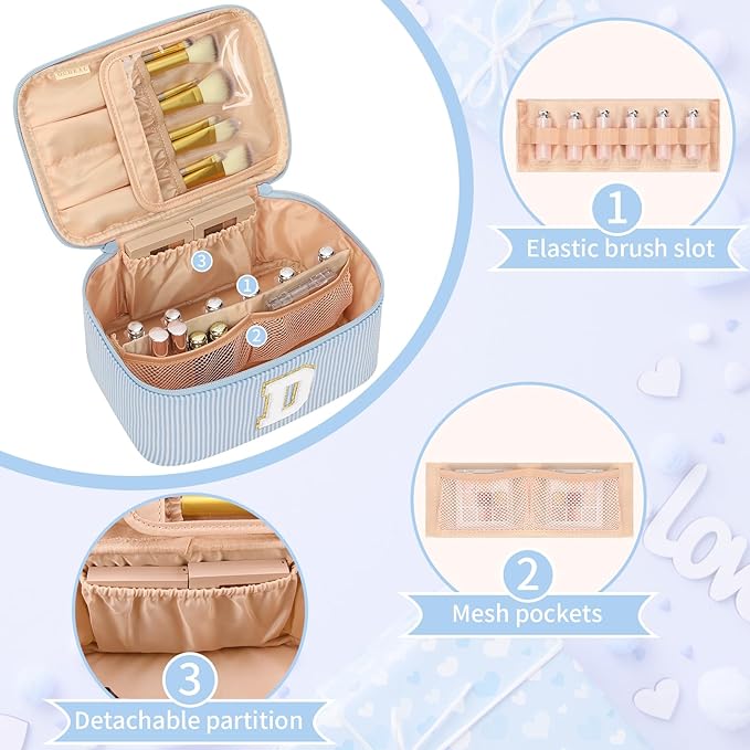 OCHEAL Makeup Bag Valentines Day Gifts for Women, Monogram Cosmetic Bag Blue Travel Makeup Case Beauty Toiletry Bag Organizer Personalized Gifts for Girls Bridesmaid, Sister, Wife, Friends Initial D