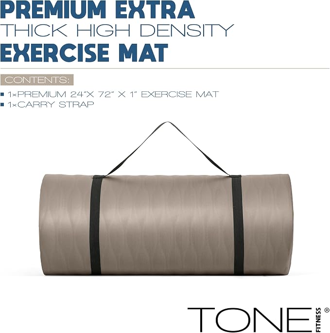 Tone Fitness 1-Inch Thick Yoga Mat | High-Density, Non-slip Exercise Mat with Carrying Strap for Yoga, Pilates, & Home Gym Workouts | Multiple Options