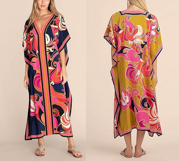 Venasha Womens Caftan Floral Print Kaftan Dress Short Sleeve Swimsuit Cover up Loungewear for Summer