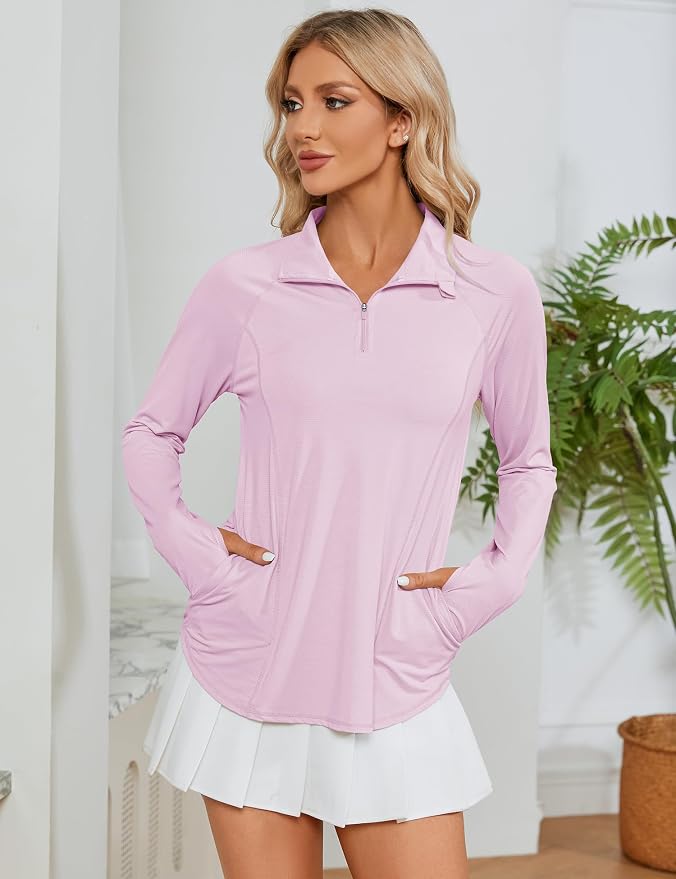 LOMON Women Long Sleeve Shirts Sun Protection 1/4 Zip Summer Quick Dry Hiking Shirts Quarter Zip Pullover for Women