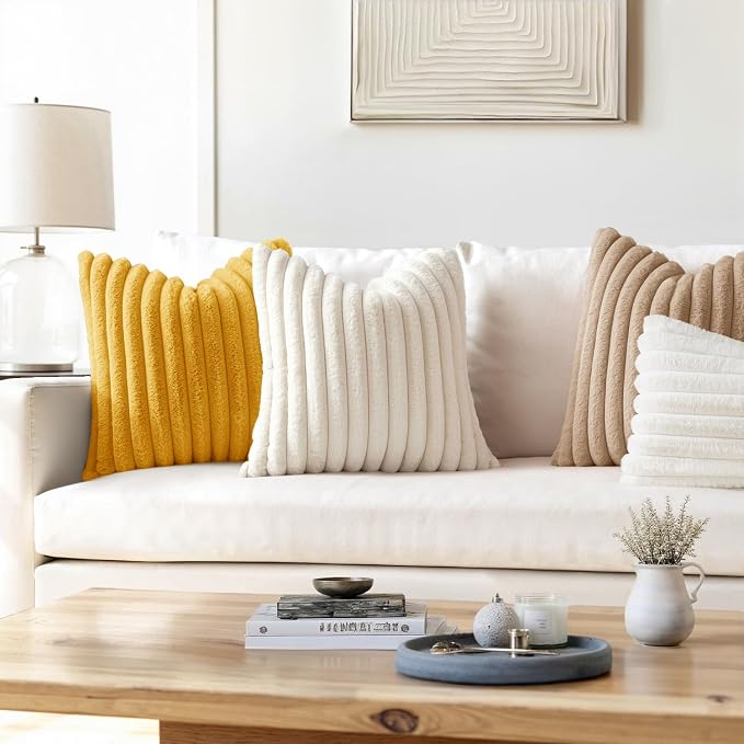 MIULEE Faux Fur Decorative Throw Pillow Covers 20x20 Set of 2 Beige | Cream White Modern Soft Plush Couch Pillows, Cozy Fluffy Cushion Covers for Sofa Bed Living Room Home Decor