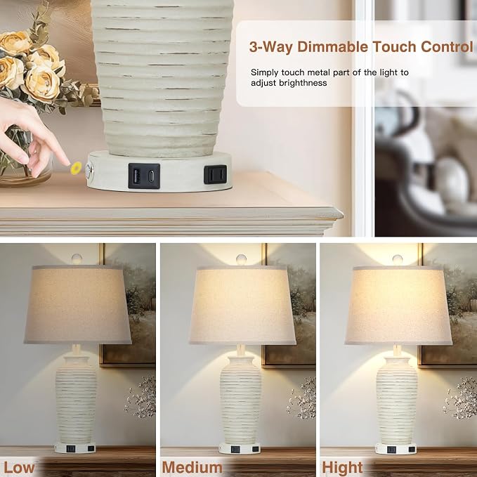 CINSARY 25" Retro White Farmhouse Jar Table Lamps for Living Room, 3 Way Touch Control Rustic Bedside Lamps with USB A+C Ports & AC Outlet, Pot Nightstand Lamps for Bedroom (LED Bulbs Included)