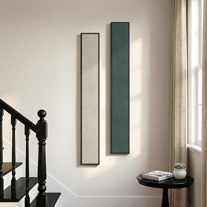 Framed Beige Green Abstract Vertical Wall Art Decor for Hallway, 2 Piece | Long narrow, Canvas prints, Neutral abstract pictures, Green and beige, Vertical, Minimalist artwork, Living room wall decor