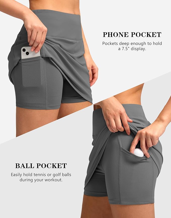 Women's Golf Skirts Skort 4 Side Pockets High Waisted Stretchy Tennis Skirt | Silky Soft, Lightweight, Breathable, Built-in Mesh Shorts, High Waisted, Elastic waistband, Moisture-Wicking, Athletic
