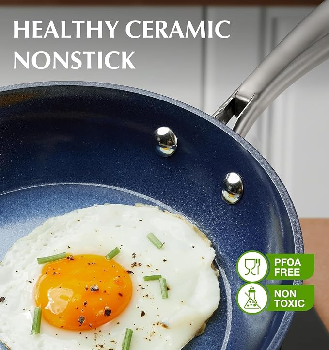 KOCH SYSTEME CS Non Stick Frying Pans, 10 Inch Frying Pan Nonstick with Lid, Frying Pan with Lid & Non Toxic Ceramic Coatings, Induction Compatible, Gradient Blue
