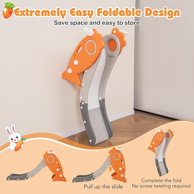 BABY JOY Toddler Slide for Kids, 4 in 1 Indoor Foldable Kids Slide w/Climber, Basketball Hoop & Ring Toss, Folding Climber Playset Baby Freestanding Playground